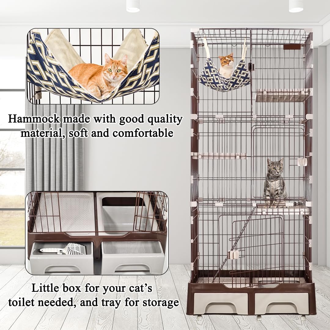 NNC PETS Large Cat Cage Indoor - 4-Tier Multi-Level Cat Crate Kennel with Hammock, Plastic Perches, Climbing Ladder, Litter Box Area & Universal Wheels, 81L x 56W x 186H cm (Chocolate, Large)