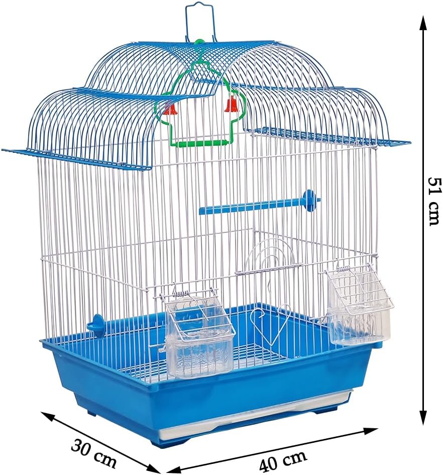 Birdcage with Portable handle, Multiple perches, Plastic feeding cups, and Removable tray, Durable metal wire bird cage for small-sized birds, Easy to assemble 51 cm (Blue)