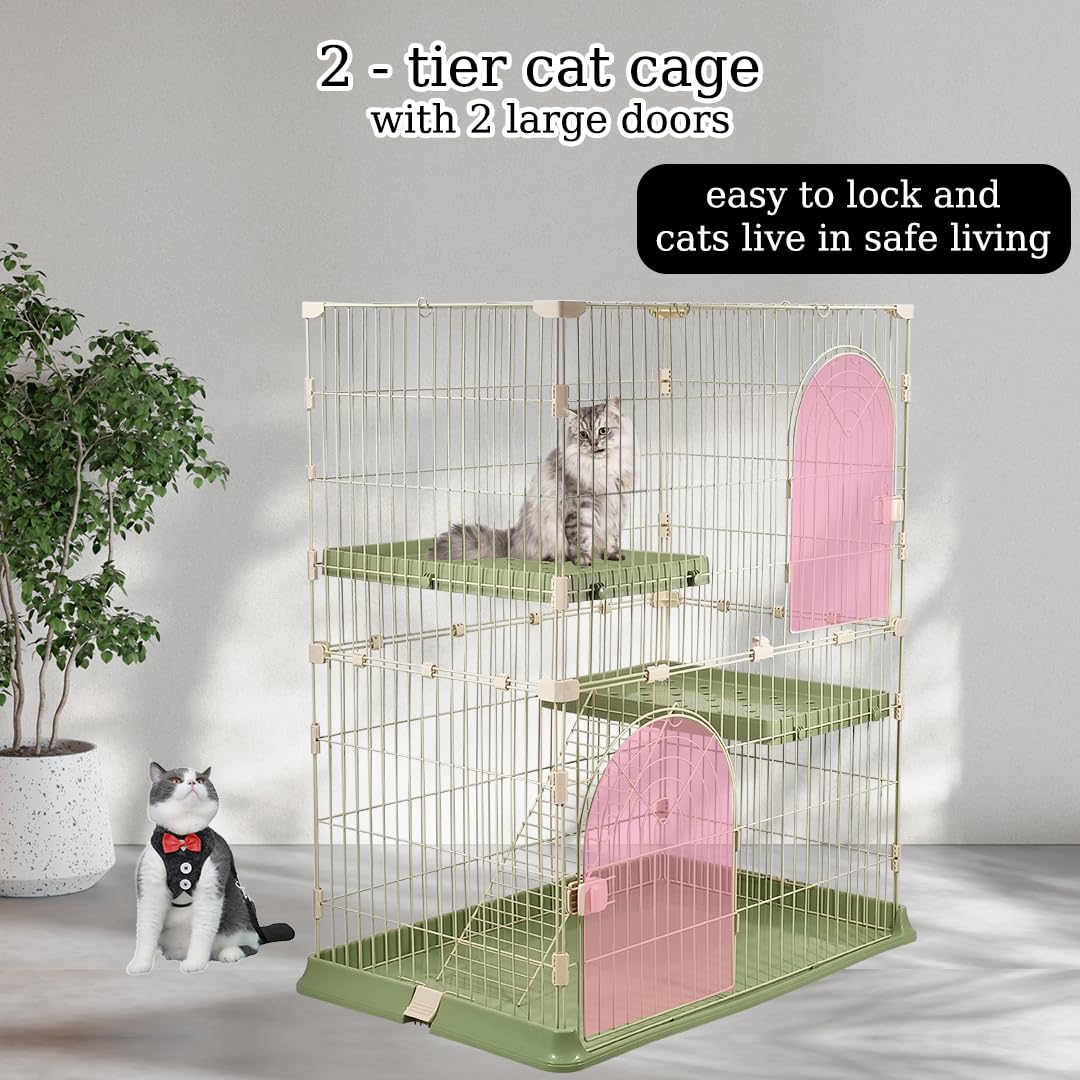 Cat cage with Durable metal wire, Wide plastic perch, Lockable door, and Climbing ladder, double-layer cat cage enclosure for Cats & Kittens, Suitable for indoor/outdoor use 117 cm (Green)
