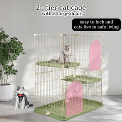 Cat cage with Durable metal wire, Wide plastic perch, Lockable door, and Climbing ladder, double-layer cat cage enclosure for Cats & Kittens, Suitable for indoor/outdoor use 117 cm (Green)