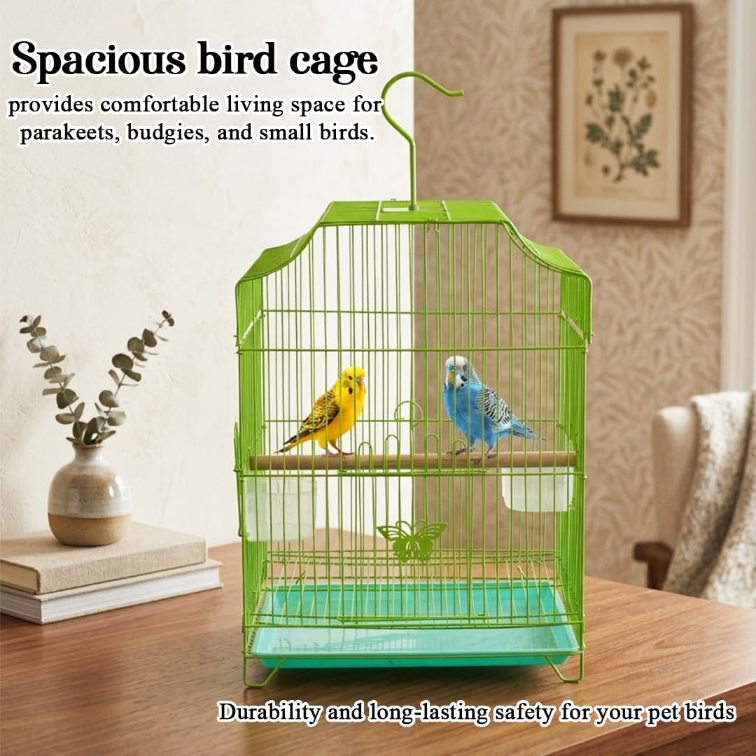 Small Bird Cage with Metal Wire, Ideal for Budgies, Small Parrots, and Parakeets, 45 cm Portable Cage for Indoor-Outdoor, Metal Bird Cage with Hanging, Bottom Tray, Perches, and Feeding Bowls, Green