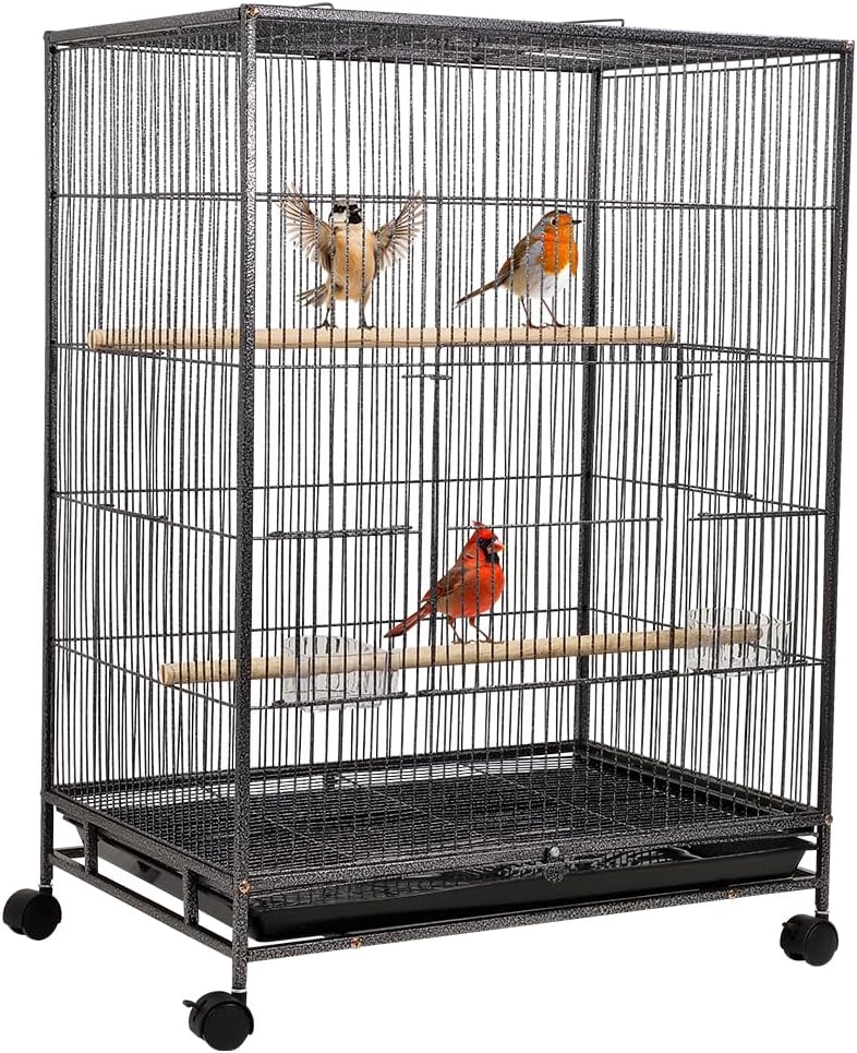 Bird cage for Small to Medium birds, Wrought iron bird cage with Open-top design, Feeding cups, Wooden Perches, Slide-out tray, and Universal wheels, Ideal for Indoor/Outdoor use, 85 cm (Black)