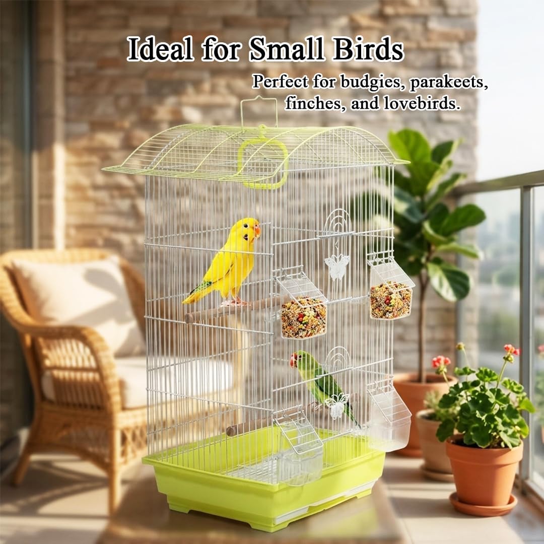 Small Bird Cage with Perches, Feeders and Swing, Ideal for Parakeets, Lovebirds, and Small Parrots, 62 cm Metal Cage with Hanging, Pull-out Tray, Portable, Durable and Top-Roof Design (Yellow)