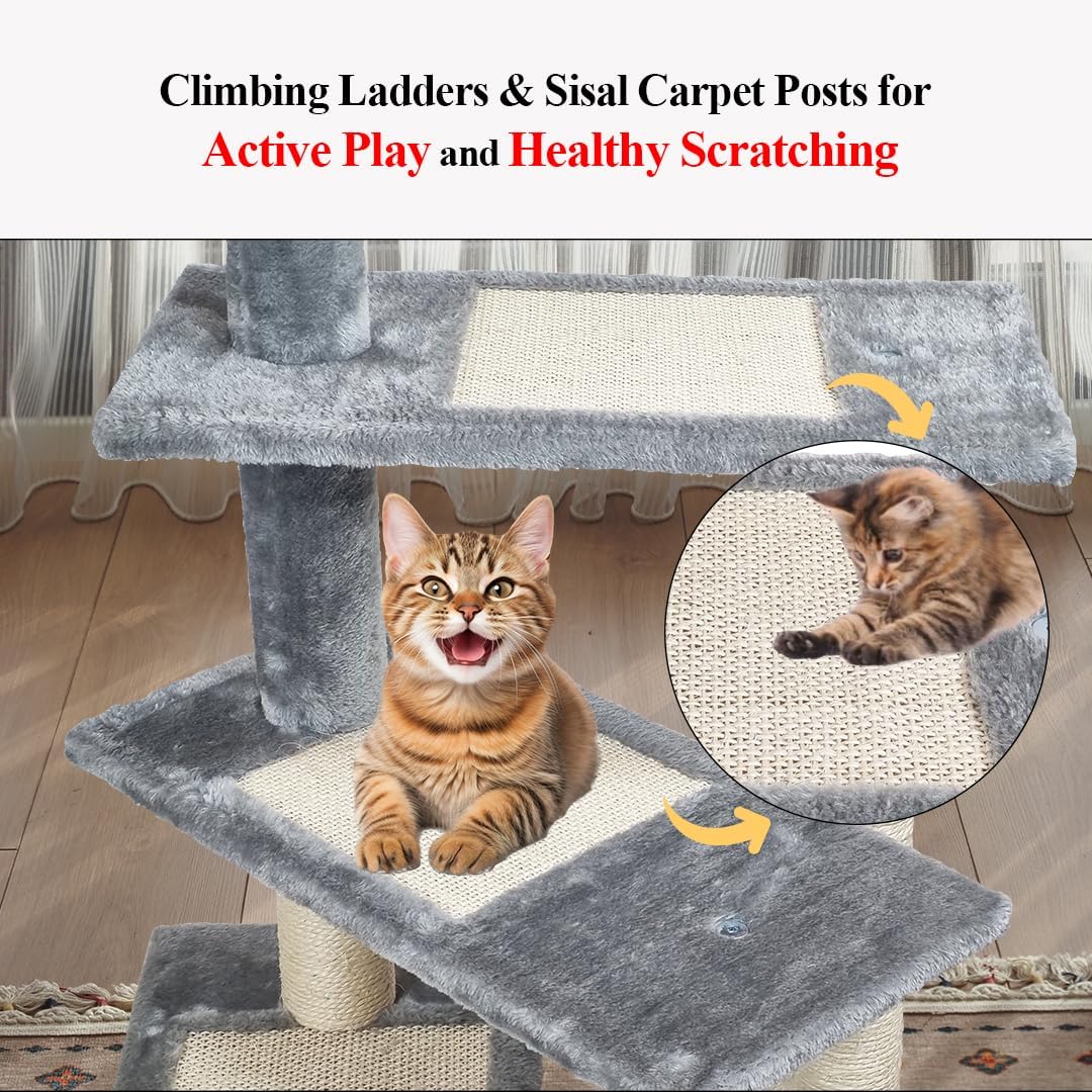 Cat Tree for Large Cats | Cat Tower House with Climbing Ladders | Soft Plush Fabric and Durable Activity Tower with Top Perch | Sisal carpets & Scratching posts, 102 cm (Grey)