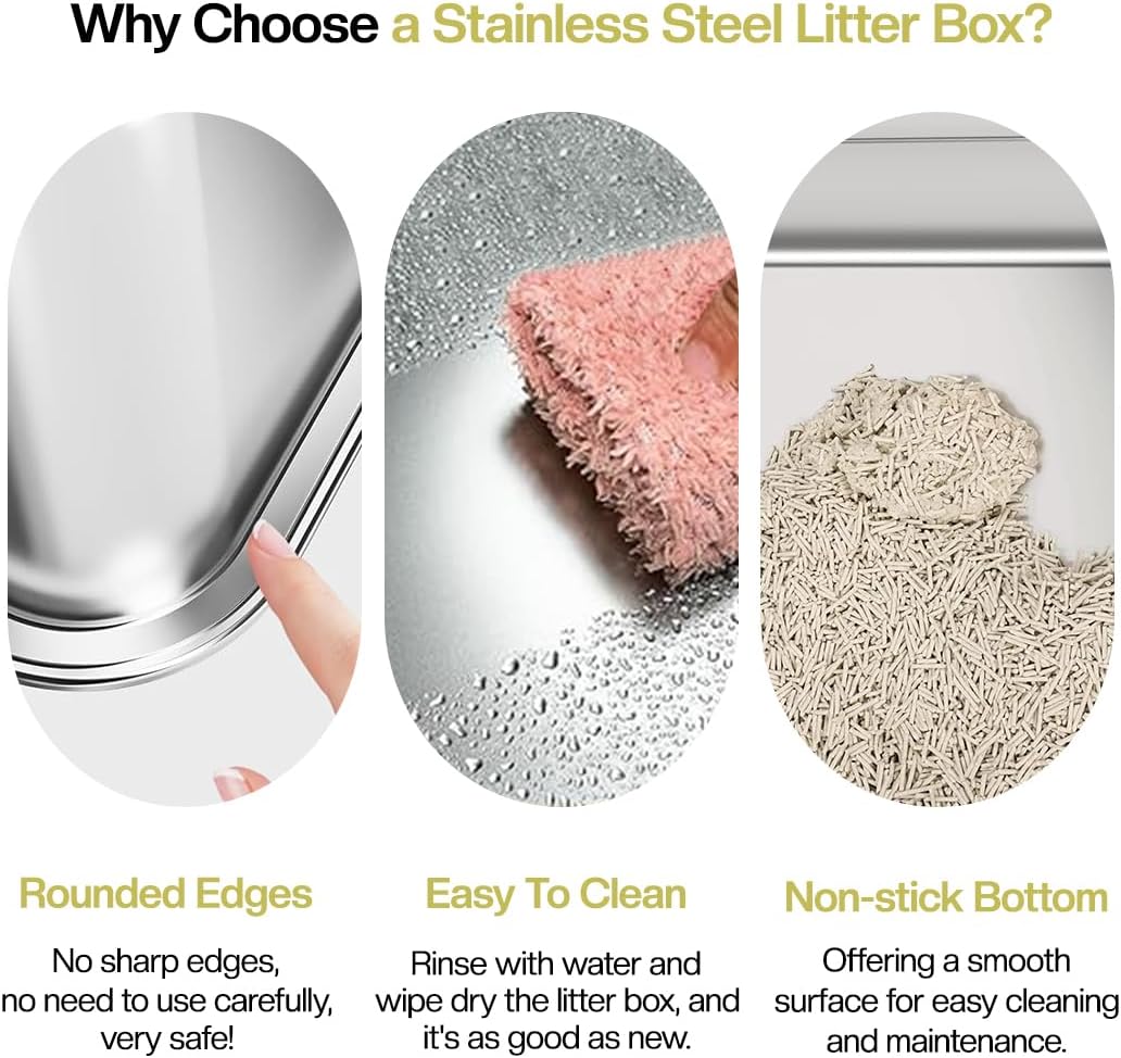 Semi-enclosed stainless steel cat litter box with a Litter scoop, Grid design, and High wall side cover, Durable litter box for Indoor cats, Detachable design for easy cleaning, 50 cm