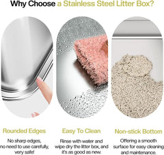 Semi-enclosed stainless steel cat litter box with a Litter scoop, Grid design, and High wall side cover, Durable litter box for Indoor cats, Detachable design for easy cleaning, 50 cm