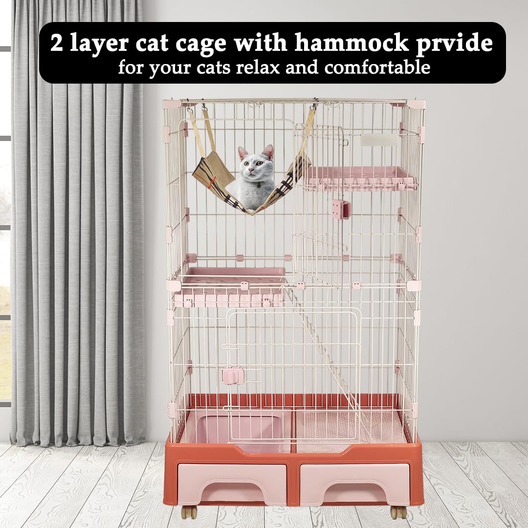 Cat Cage Playpen for Multi-Cat Household, 3-Tier Cat Cage with Cozy Hammock, Wide Platform, Climbing Ladder, Build-in Litter Box & Universal wheels, Ideal for Indoor/Outdoor Use 133 cm (Pink)