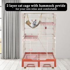 Cat Cage Playpen for Multi-Cat Household, 3-Tier Cat Cage with Cozy Hammock, Wide Platform, Climbing Ladder, Build-in Litter Box & Universal wheels, Ideal for Indoor/Outdoor Use 133 cm (Pink)