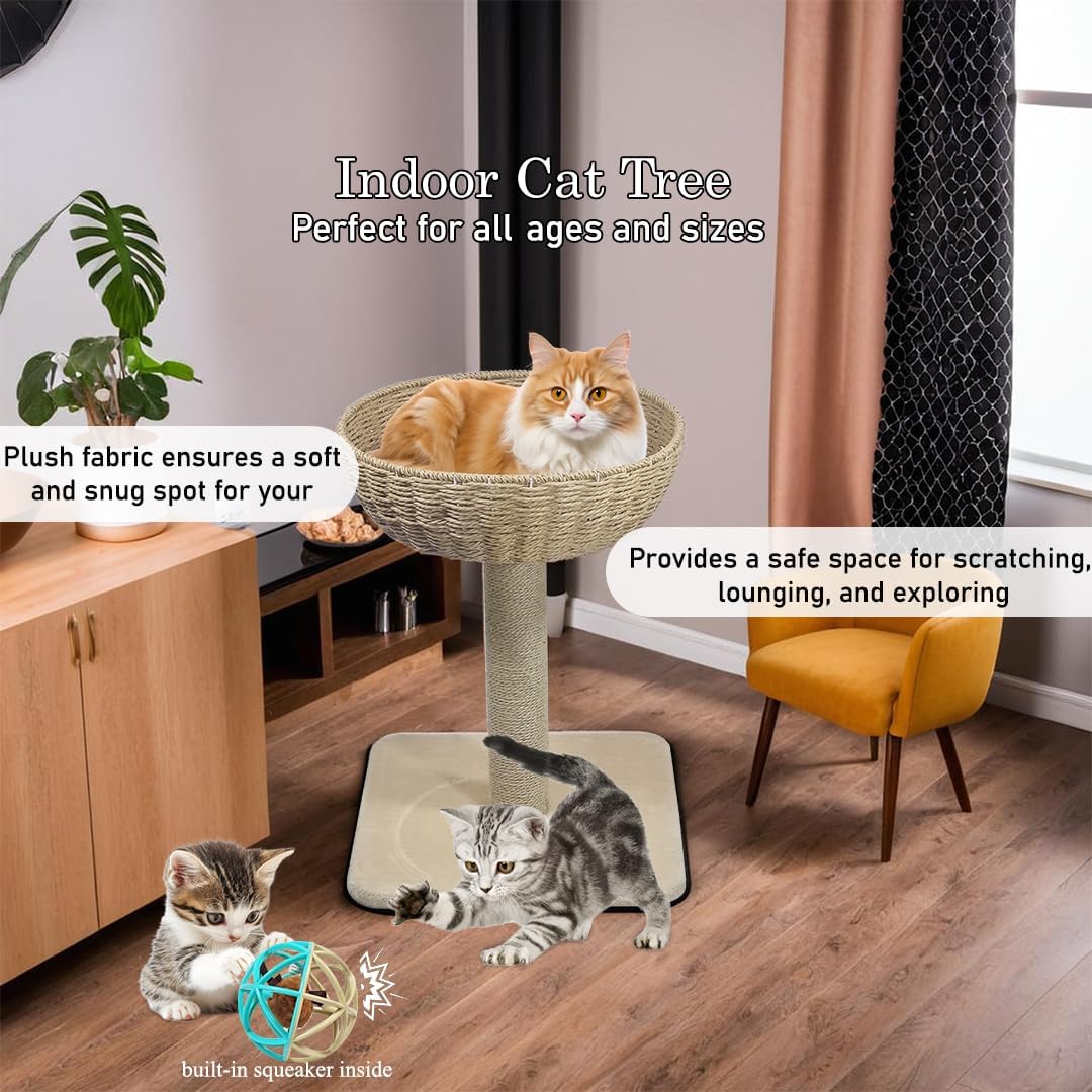 Cat tree for indoor cats, Cat climbing frame with Interactive cat toy, Rattan wicker basket perch, Sisal scratching post, and Sturdy base, Cat tree activity center, Easy to assemble 53 cm (Beige)