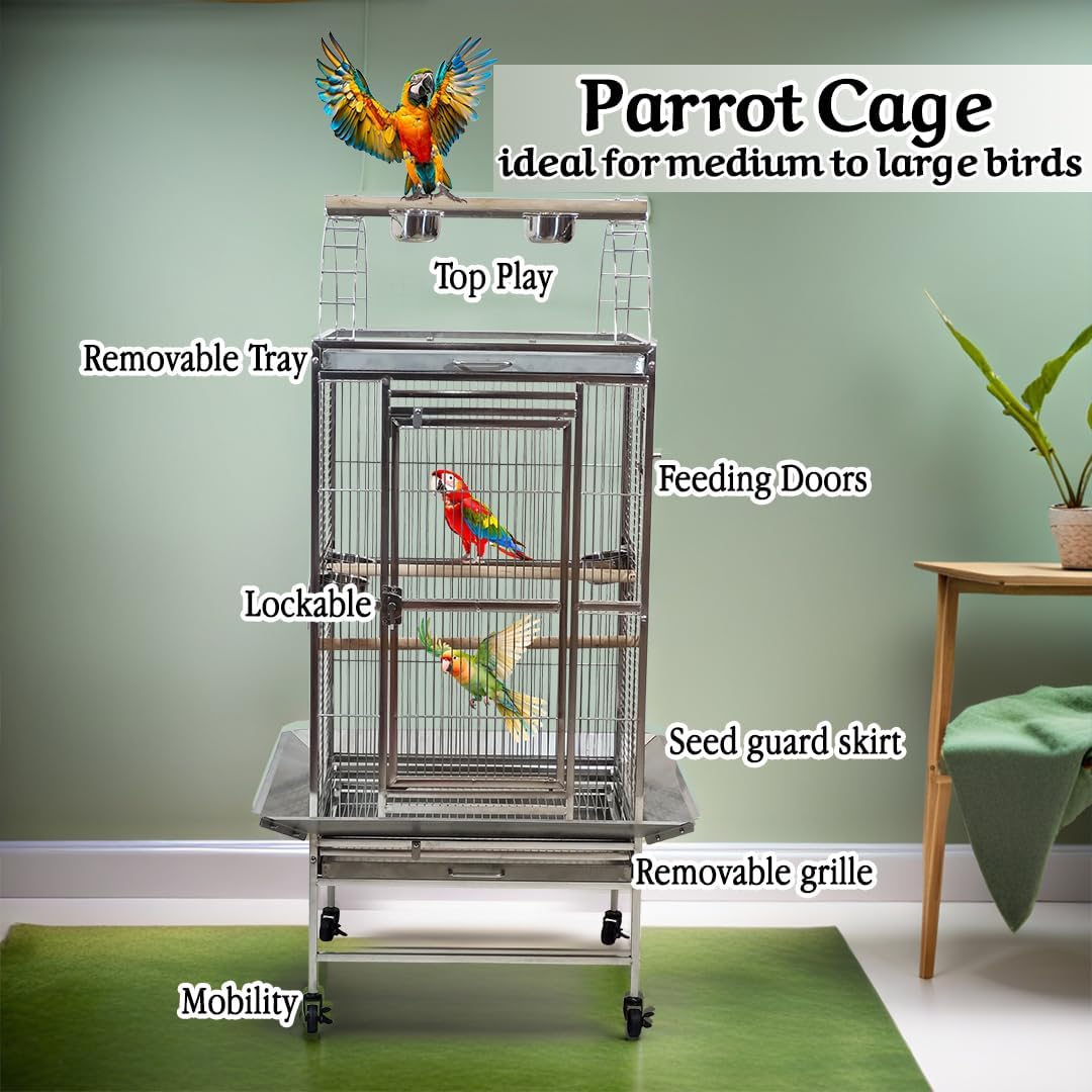Large parrot cage with Stand, Stainless steel, and Feeding bowl with doors, 153 cm Top play bird cage for Macaw, Cockatoo, and medium to large birds, Indoor-outdoor use, Tray and Wheels (Grey)