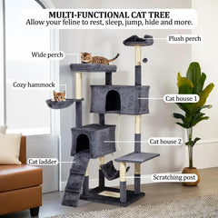 Multi-level Cat Tree Indoor Large - 180cm Cat Tower - Cat Scratching Post with Soft Perches - Dangling Ball and Comfortable Cat Condo, Durable Pet House for Indoor Cats (Dark Grey)