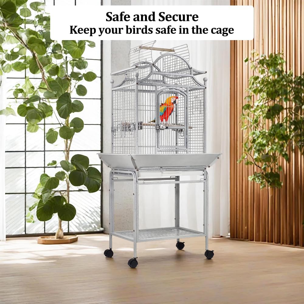 Large bird cage for Parrots, Macaws, Parakeets, and Other birds, Heavy-duty metal bird cage with Open-top area, Food bowls, Slide-out tray, Storage shelf, and Universal wheels 146 cm (Grey)