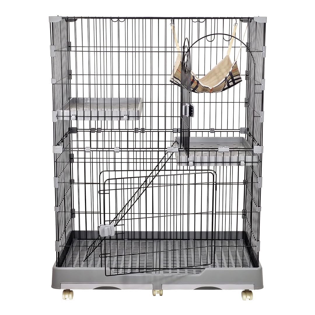 Cat cage with Wide platforms, Cozy hammock, Climbing ladder, Slide-out tray, and Universal wheels, 2-layer metal wire cat cage for Multi-cat households, Ideal for indoor/outdoor 132 cm (Grey)