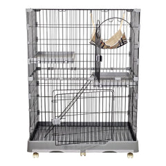 Cat cage with Wide platforms, Cozy hammock, Climbing ladder, Slide-out tray, and Universal wheels, 2-layer metal wire cat cage for Multi-cat households, Ideal for indoor/outdoor 132 cm (Grey)