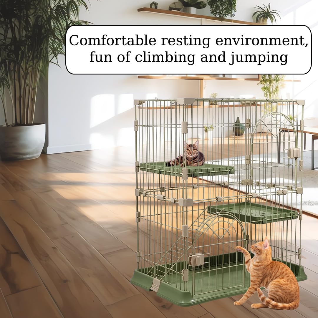 NNC PETS Cat Cage Kennel with 2-lockable Doors - 2-Tiier Metal Wire Pet Cat House Playpen for Indoor Cats - Cozy Hammock, Climbing Ladder, Drawer Tray & Universal Wheels, Easy Assembly (Green, 88 cm)