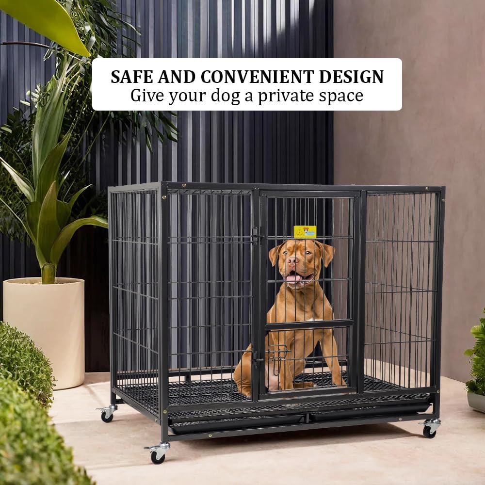 Large Dog Cage Indoor & Outdoor Use - 110 cm Heavy Metal Dog Crate with Lockable Door, Feeding Door, Removable Tray & Universal Wheels - Sturdy Metal Pet Cage (Black, Large)