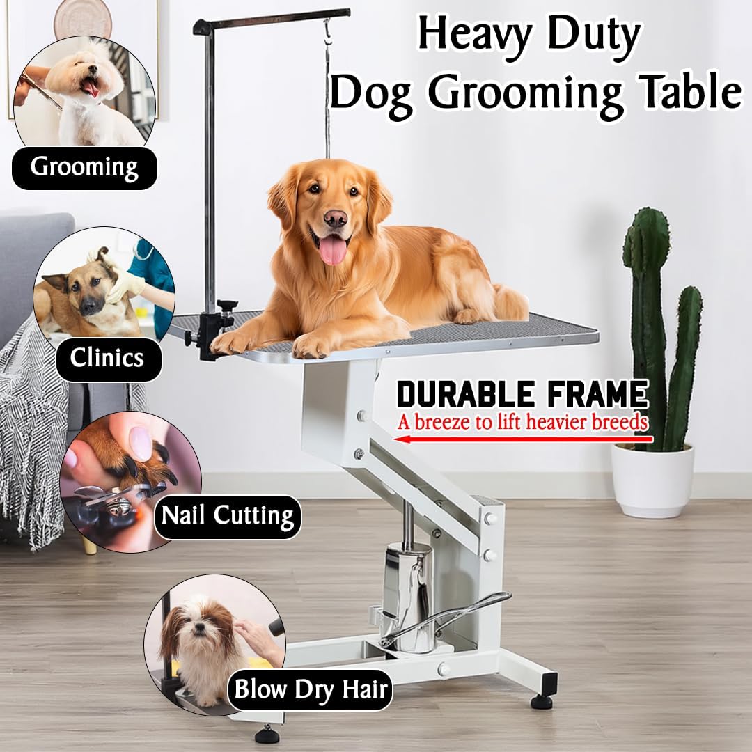 Hydraulic Pet Grooming Table with Pump, Foot lift, and Adjustable feet, Dog grooming table with Adjustable Arm & Secure clamp, Anti-slip Surface and Heavy Duty for all size breeds, 170 cm (White)