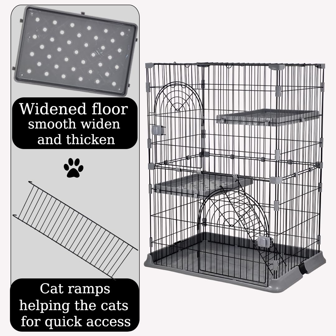 NNC PETS Cat Cage Kennel with 2-lockable Doors - 2-Tiier Metal Wire Pet Cat House Playpen for Indoor Cats - Cozy Hammock, Climbing Ladder, Drawer Tray & Universal Wheels, Easy Assembly (Grey, 108 cm)