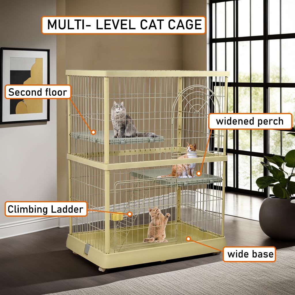 Cat cage for indoor & outdoor, Durable 2-tier metal wire cat cage with 2 lockable doors, Wide platforms, Climbing ladder, and Universal wheels, Suitable for Multi-cat household 120 cm (Yellow)