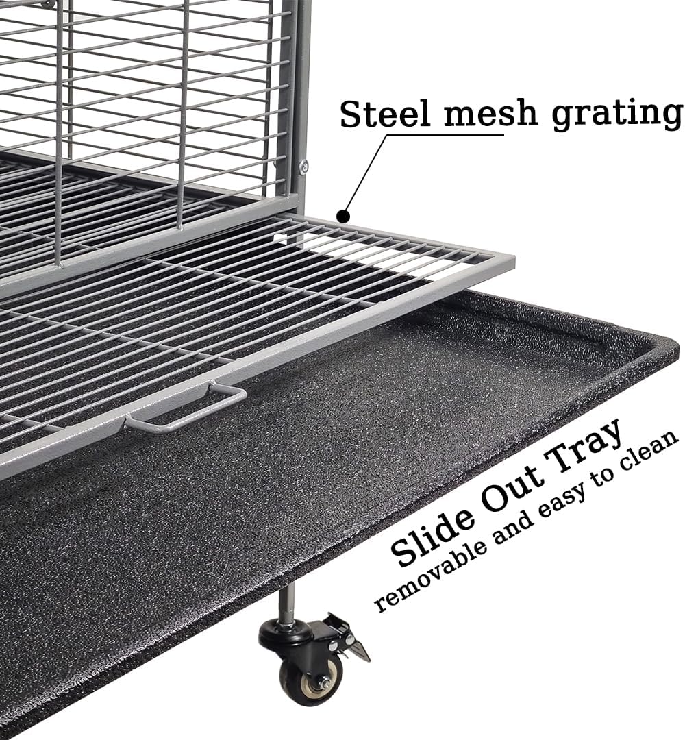 Large bird cage, Durable design and Steel wire, Removable tray and Multiple access doors, Wood perches and Food bowls, Small and medium birds, Universal wheels with brakes 168 cm (Grey)