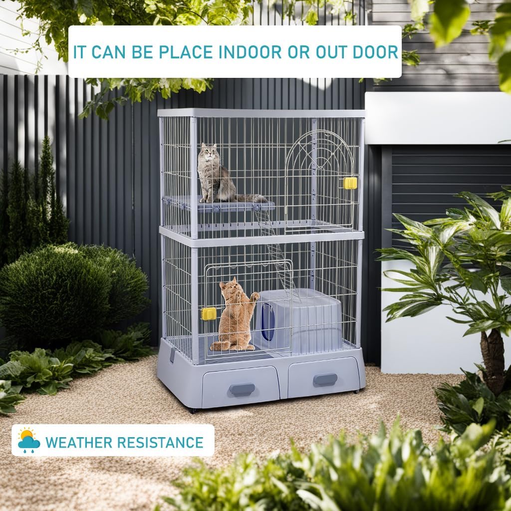 Cat cage enclosure with 2 Lockable doors, Wide platform, Climbing ladder, Litterbox area, and Universal wheels, Durable metal wire cat cage for indoor/outdoor use, Easy to assemble 130 cm (Blue)