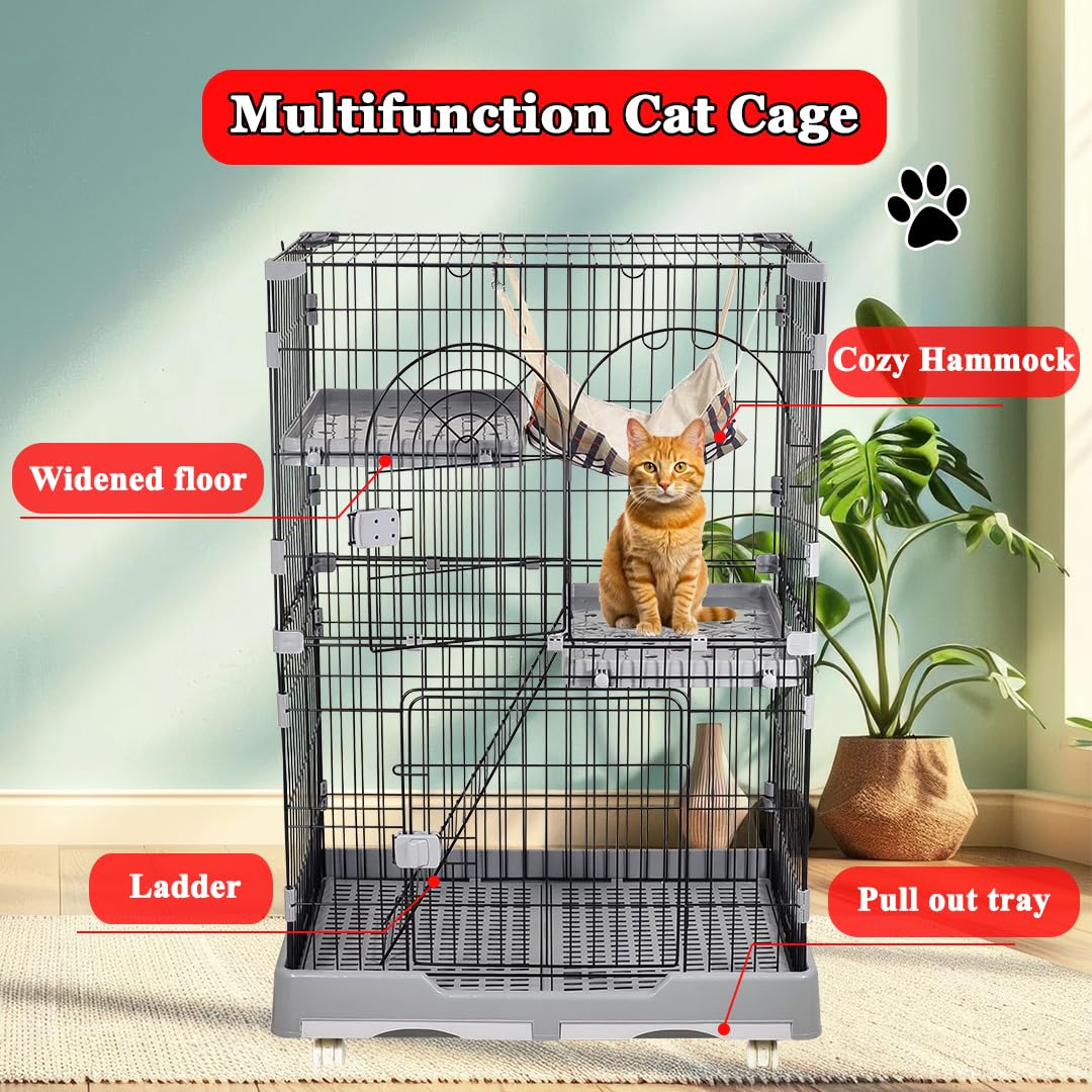 Cat cage playpen for Multi-cat households, 2-layer metal wire cat cage with Durable hammock, climbing ladder, Slide-out tray, and Universal wheels, Suitable for indoor/outdoor 121 cm (Grey)