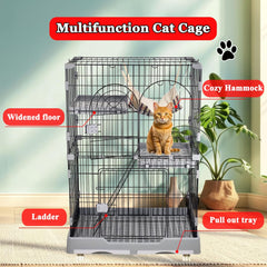 Cat cage playpen for Multi-cat households, 2-layer metal wire cat cage with Durable hammock, climbing ladder, Slide-out tray, and Universal wheels, Suitable for indoor/outdoor 121 cm (Grey)