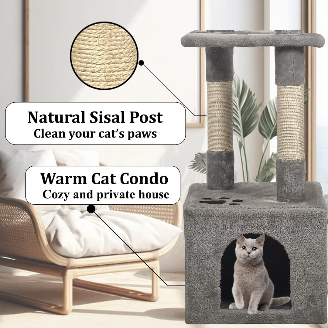 Cat tree scratching post for indoor cats & kittens, Durable cat tree climbing frame with Perch, Natural sisal scratching post, and Spacious cat condo, Easy to assemble 110 cm (Grey)