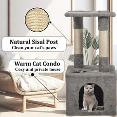 Cat tree scratching post for indoor cats & kittens, Durable cat tree climbing frame with Perch, Natural sisal scratching post, and Spacious cat condo, Easy to assemble 110 cm (Grey)
