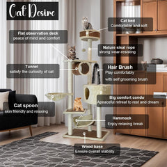 Multi-level cat tree tower with Perch, Dangling ball, Sisal scratching post, Cat tunnel, Cozy hammock, Durable cat condo, and Large hammock, Cat tree activity center for indoor cats 156 cm (Beige)