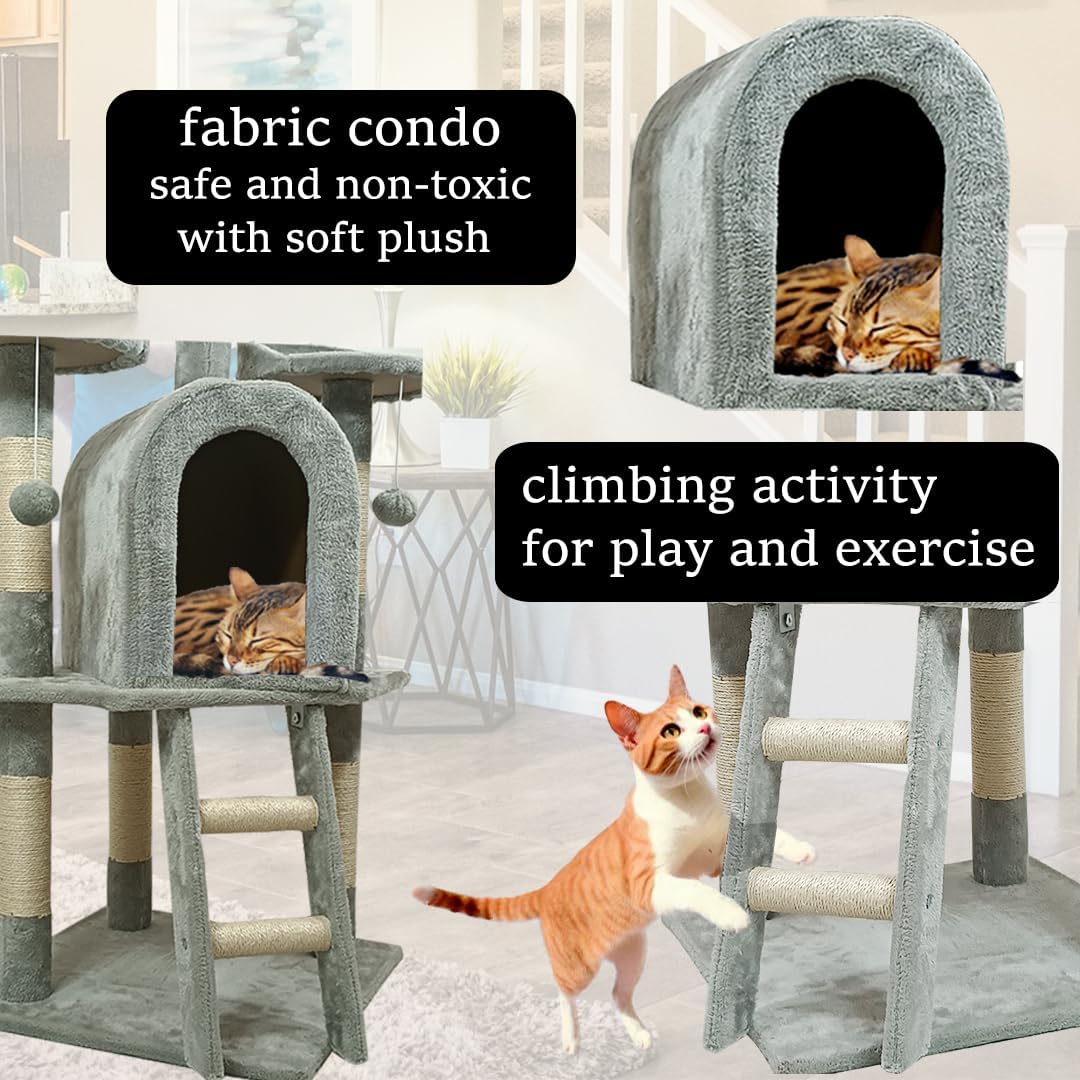 Cat Tree with Curved Perches - 125 cm Cat Tower House - Cat Condos & Cat Scratching Post - Dangling Toys - Premium Pet Tree for Indoor Cats & Kittens - Easy to Assemble (Grey)