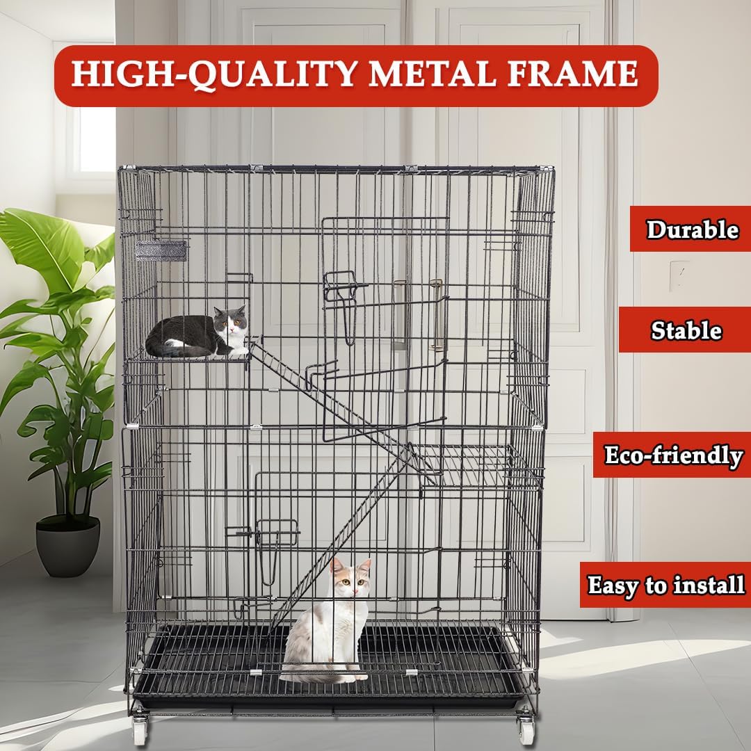 Cat Cage - Pet House & Villa with 2-lockable Doors, Climbing ladders, Removable tra and Universal wheels, Durable 2-tier 104 cm Metal Cat House for Multi-cat Households, Easy to assemble (Black)