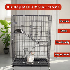 Cat Cage - Pet House & Villa with 2-lockable Doors, Climbing ladders, Removable tra and Universal wheels, Durable 2-tier 104 cm Metal Cat House for Multi-cat Households, Easy to assemble (Black)