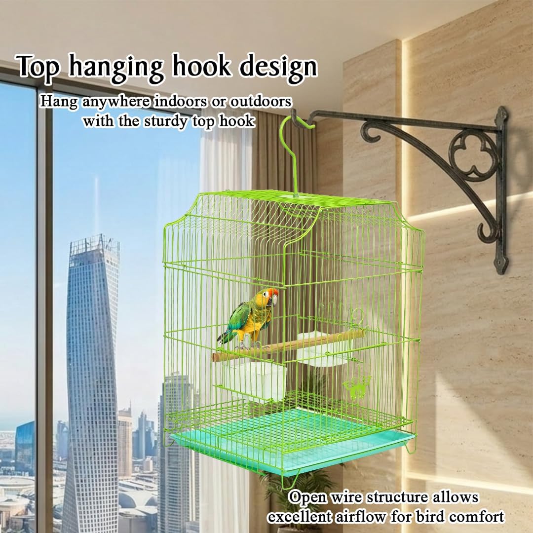 Small Bird Cage with Metal Wire, Ideal for Budgies, Small Parrots, and Parakeets, 45 cm Portable Cage for Indoor-Outdoor, Metal Bird Cage with Hanging, Bottom Tray, Perches, and Feeding Bowls, Green