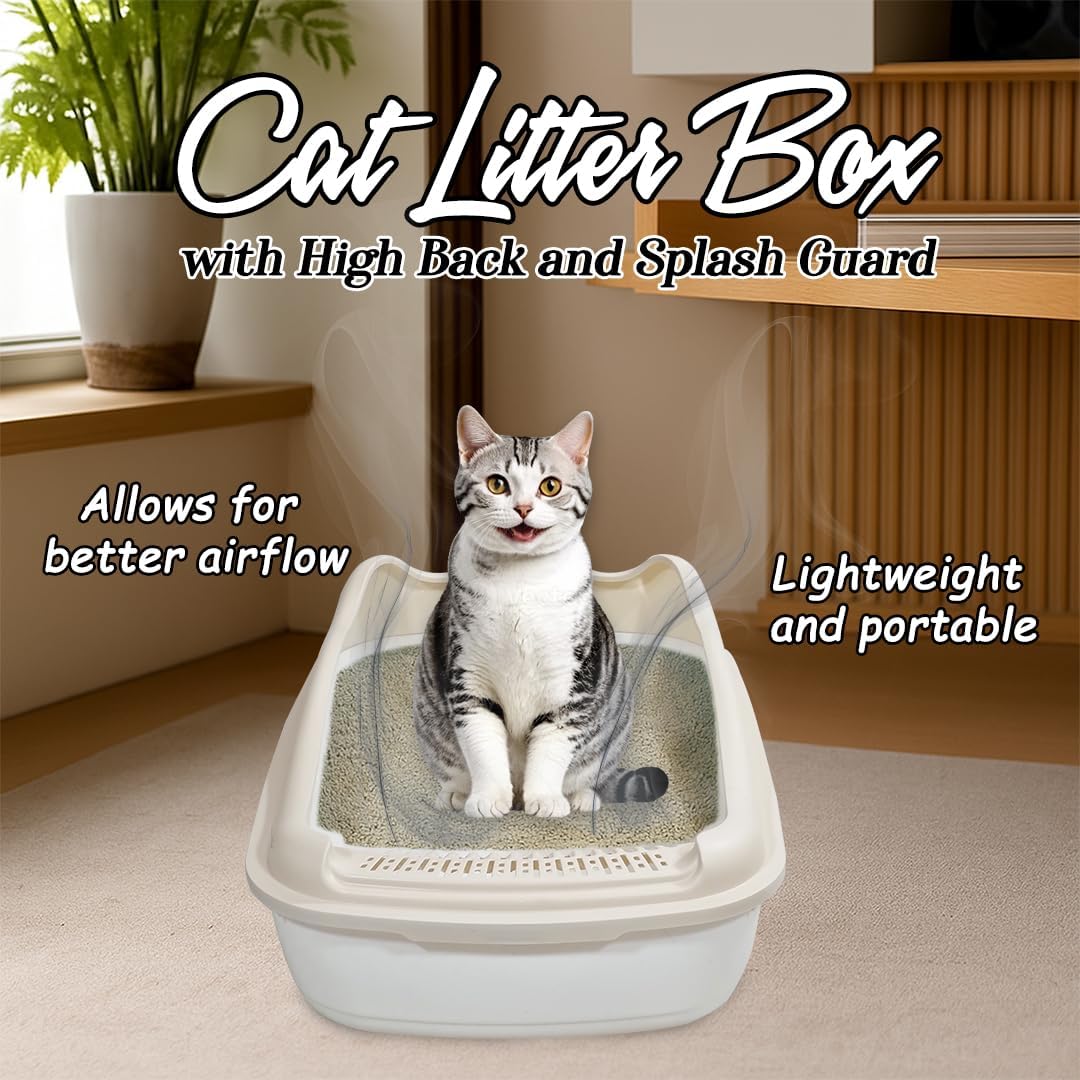 Anti-splash cat litter box with Enclosed design, Easy to clean, Durable plastic material and Removable, Cat Litter Pan with Scoop, Portable, Large size, High fence, and All size cats