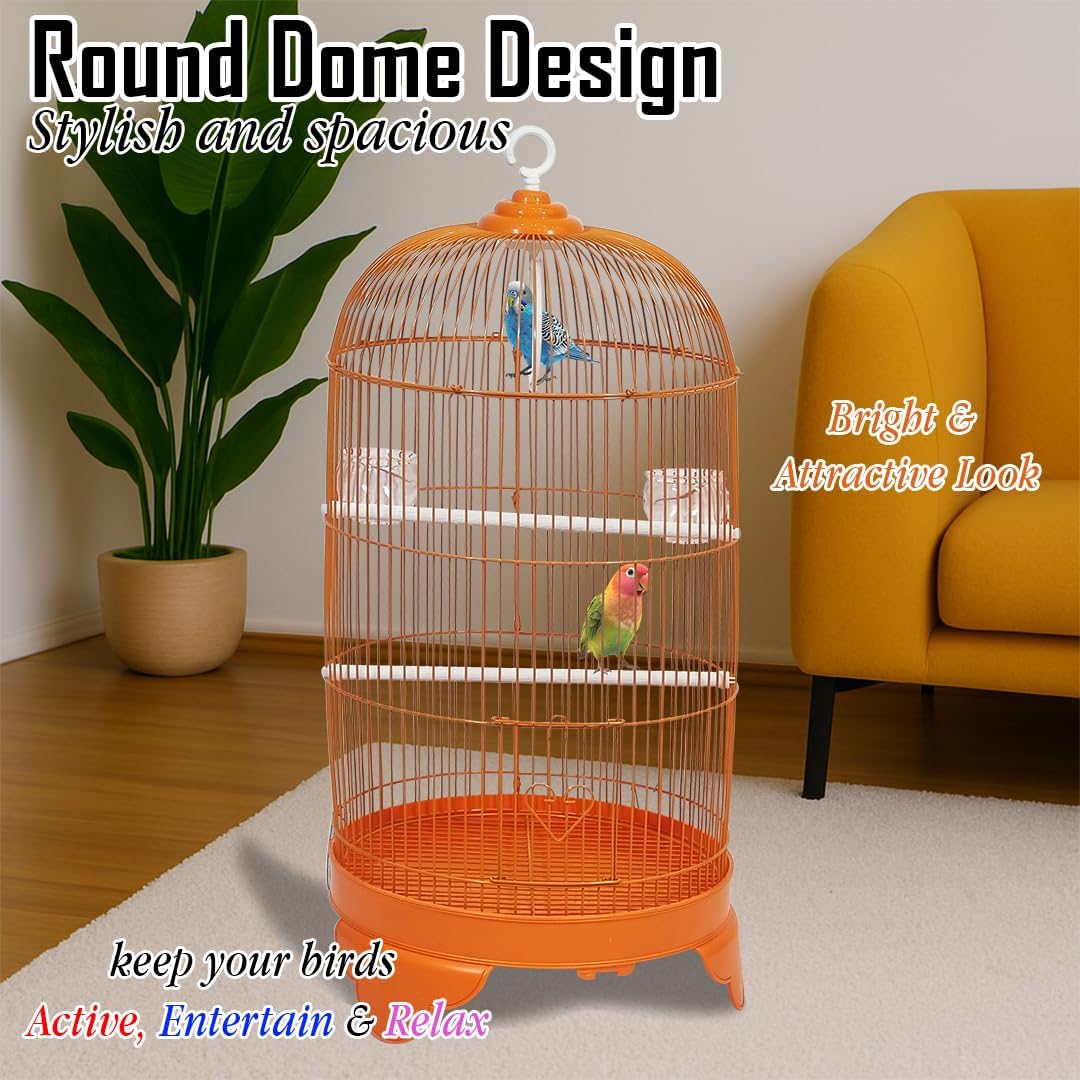 Round Bird Cage with Plastic Base, Metal Wire, Feeding Bowls, Swing, and Perches, 73 cm Travel Portable Cage for Parakeets, Canaries, and Small Birds, Indoor Outdoor Use, Convenient hook (ORANGE)