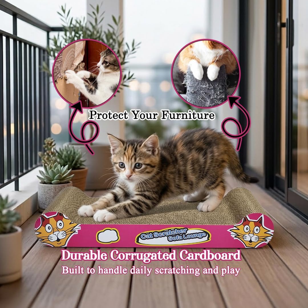Cat Scratcher with Corrugated Cardboard, Durable Scratch Pad for Indoor Cats, Reversible and Furniture Protection, 44 cm Sofa Bed with Catnip, Comfortable and Resting Bed, Claw Care & Portable (Pink)
