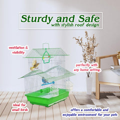 Small bird cage with Carry Handle, Perches, Hanging Toy, Pull-out tray and Feeding Cups, 49 cm Travel cage for Small birds, Indoor-Outdoor use, Easy to clean (Green)