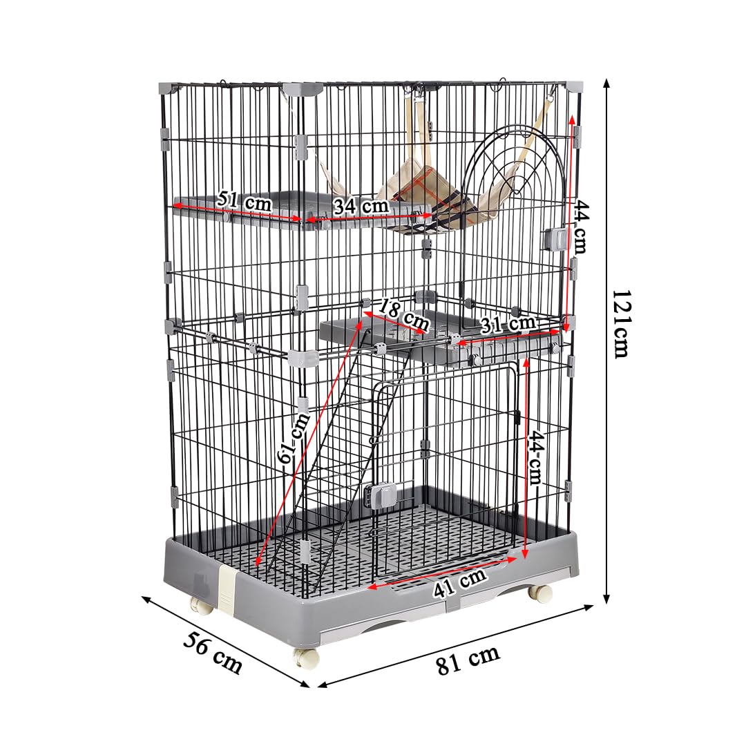 Cat cage playpen for Multi-cat households, 2-layer metal wire cat cage with Durable hammock, climbing ladder, Slide-out tray, and Universal wheels, Suitable for indoor/outdoor 121 cm (Grey)