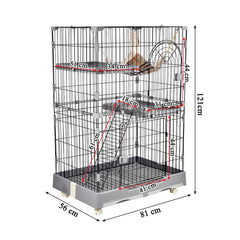 Cat cage playpen for Multi-cat households, 2-layer metal wire cat cage with Durable hammock, climbing ladder, Slide-out tray, and Universal wheels, Suitable for indoor/outdoor 121 cm (Grey)