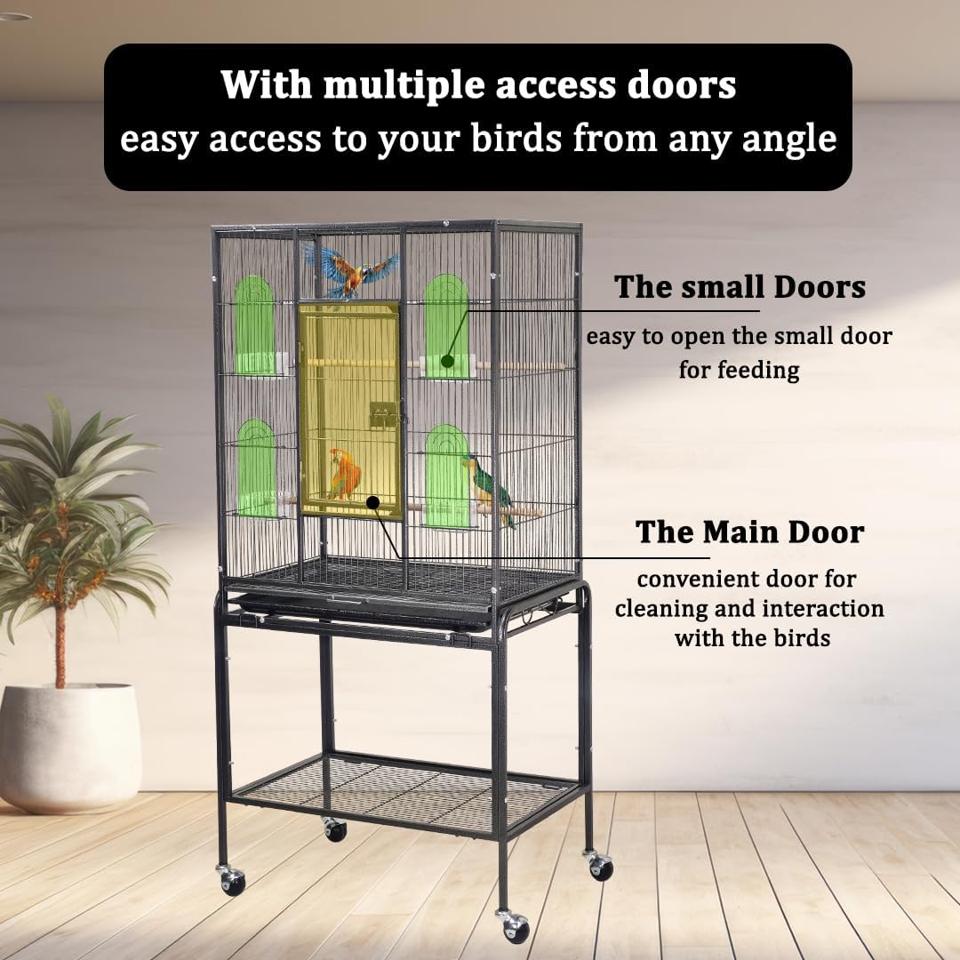 Bird Cage for Small to Medium-Sized Birds - Bird House & Parrot Cage - Detachable Rolling Stand, Wooden Perches, Feeding Cups, Slide-Out Tray, Storage Shelf, and Universal Wheels - 135 cm