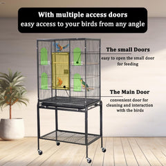 Bird Cage for Small to Medium-Sized Birds - Bird House & Parrot Cage - Detachable Rolling Stand, Wooden Perches, Feeding Cups, Slide-Out Tray, Storage Shelf, and Universal Wheels - 135 cm