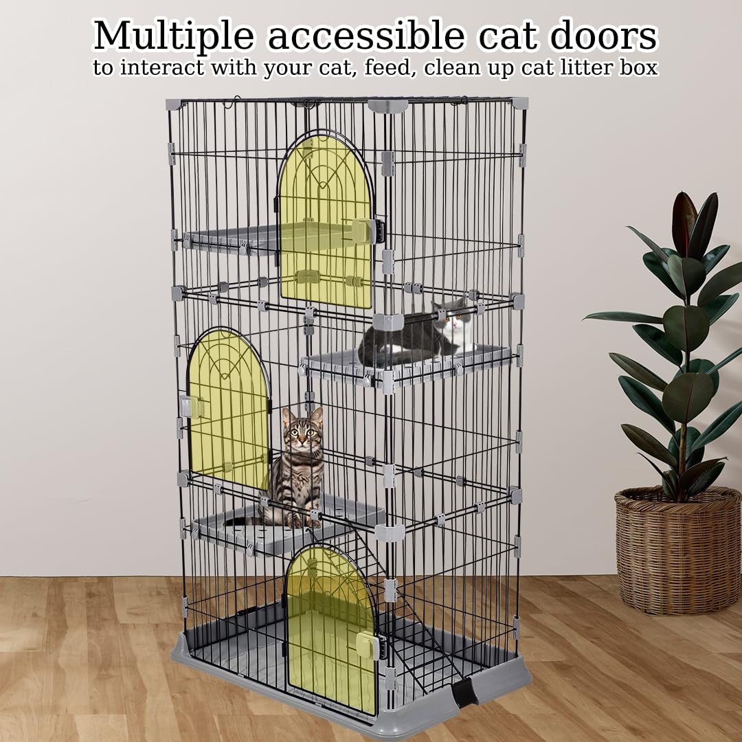 NNC PETS Cat Cage Playpen Kennel - 3-layer Metal Wire Crate for Multi-Cat Households - 3-Lockable Door, Wide Platforms - 132cm Pet Cage with Ladder & Leak-Proof Base (Grey, Large)
