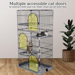 NNC PETS Cat Cage Playpen Kennel - 3-layer Metal Wire Crate for Multi-Cat Households - 3-Lockable Door, Wide Platforms - 132cm Pet Cage with Ladder & Leak-Proof Base (Grey, Large)