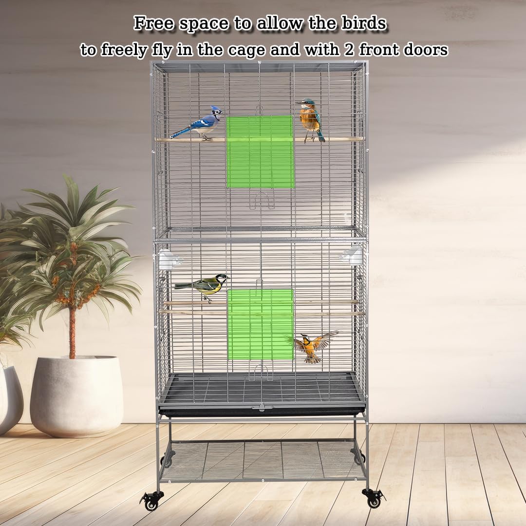 Large bird cage, Durable design and Steel wire, Removable tray and Multiple access doors, Wood perches and Food bowls, Small and medium birds, Universal wheels with brakes 168 cm (Grey)