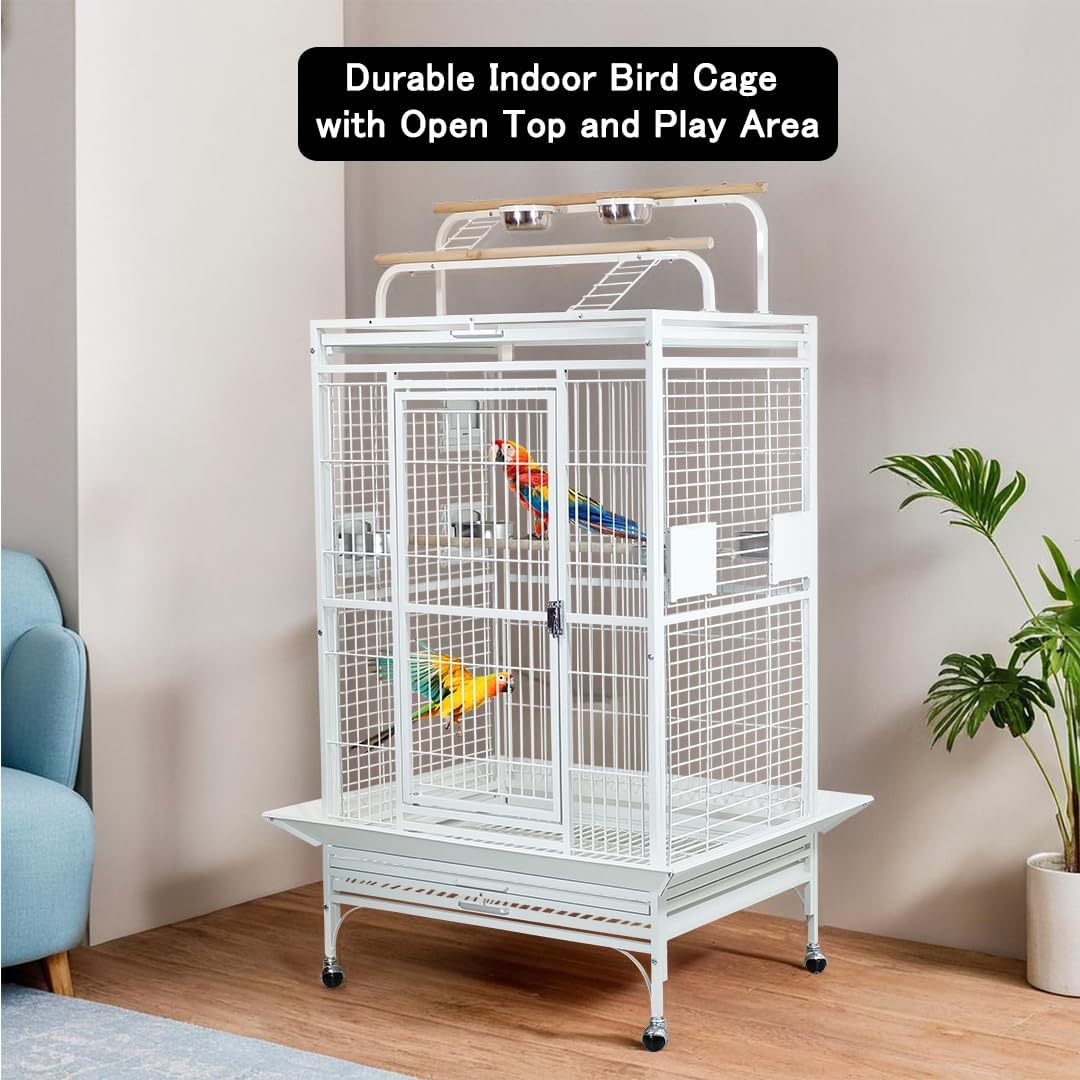 Bird Cage Indoor Large with Open-Top Design - Multiple Perches, Plastic Food Cups, Slide-out Tray & Universal Wheels, Metal Cage for Parrot, Canaries, Lovebirds & Other Birds (White, Extra Large)