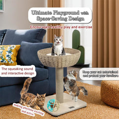 Cat tree for indoor cats, Cat climbing frame with Interactive cat toy, Rattan wicker basket perch, Sisal scratching post, and Sturdy base, Cat tree activity center, Easy to assemble 53 cm (Beige)
