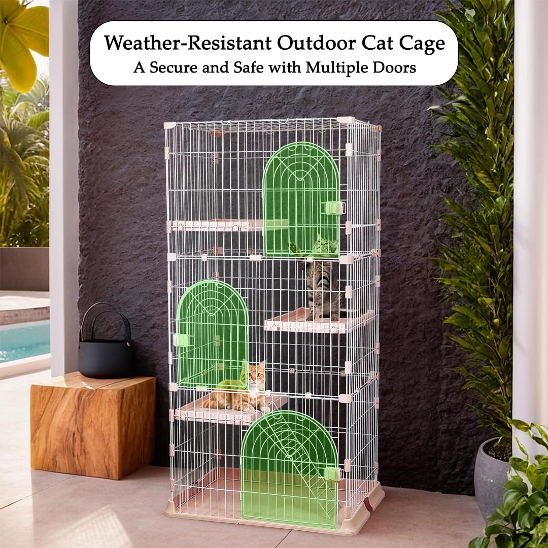 NNC PETS 3-Tier Large Cat Cage Playpen Kennel - 162cm Metal Wire Cat Crate with 3 Lockable Doors, Cozy Hammock, Climbing ladder, Drawer Tray & Universal Wheels, Easy Assembly (Light Pink, Large