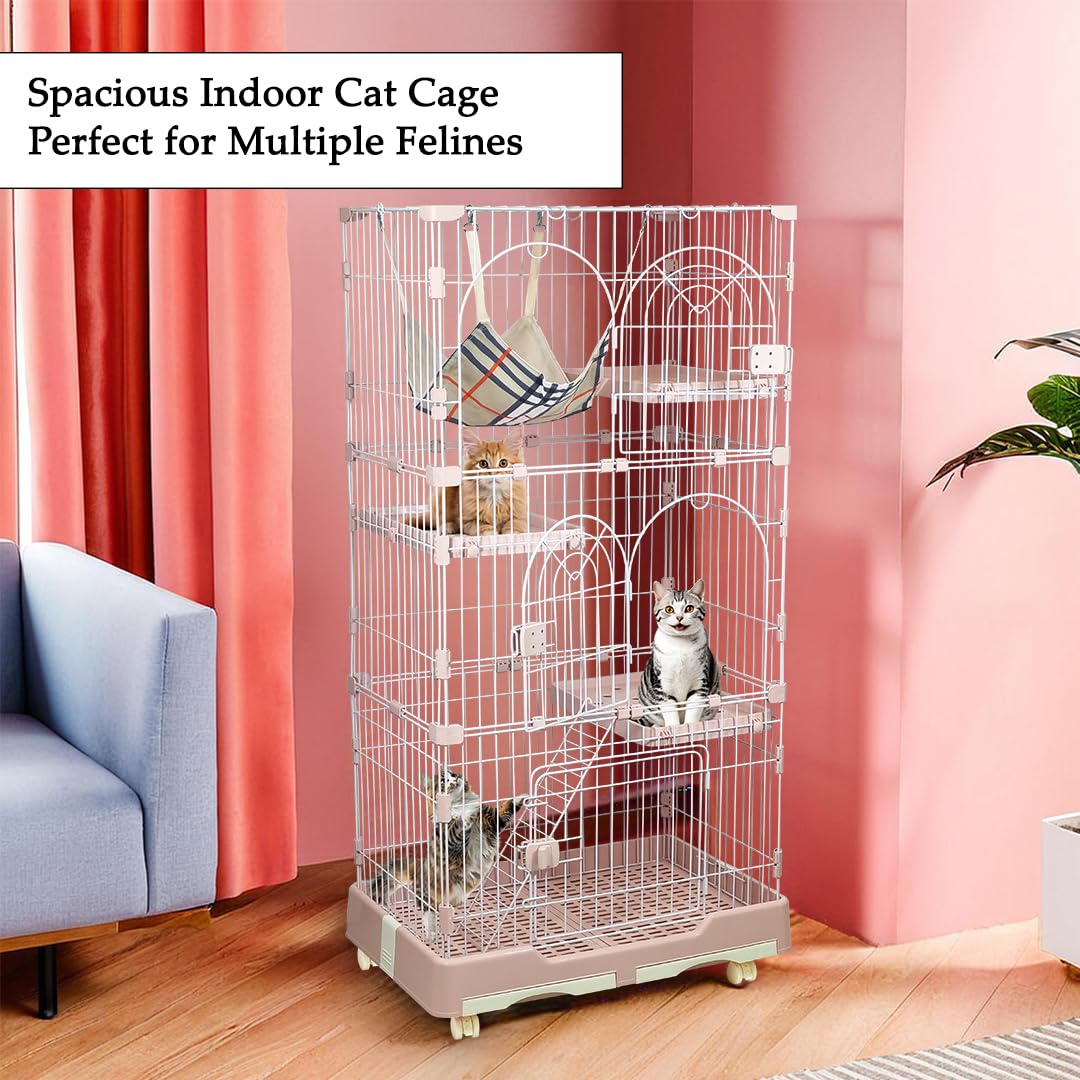 NNC PETS 3-Tier Cat Cage Indoor- Large Metal Wire Cat Crate Kennel with 3 Lockable Doors - Cozy Hammock, Climbing Ladder - Drawer Tray & Universal wheels, Easy Assembly, 145 cm  (Pink, Large)