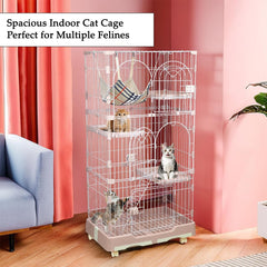 NNC PETS 3-Tier Cat Cage Indoor- Large Metal Wire Cat Crate Kennel with 3 Lockable Doors - Cozy Hammock, Climbing Ladder - Drawer Tray & Universal wheels, Easy Assembly, 145 cm  (Pink, Large)